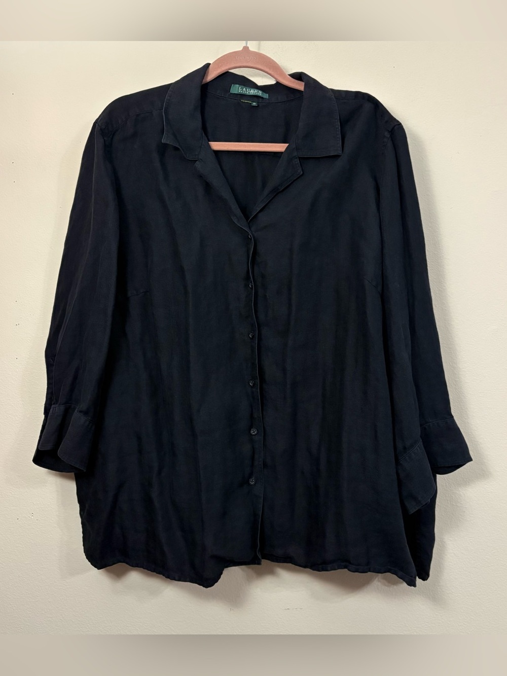 Lauren Ralph Lauren Black blouse Womens 2x Button Down shirt 3/4 sleeve classic